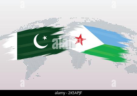 Bandiere del Pakistan vs Gibuti. Bandiera della Repubblica Islamica del Pakistan e bandiera di Gibuti, isolata su sfondo grigio della mappa del mondo. Illustrazione vettoriale. Illustrazione Vettoriale