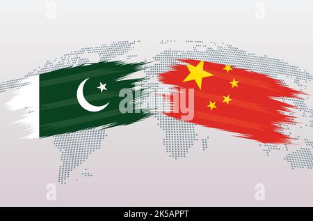Bandiere Pakistan vs Cina. Repubblica islamica del Pakistan vs bandiere cinesi, isolato su sfondo grigio della mappa del mondo. Illustrazione vettoriale. Illustrazione Vettoriale