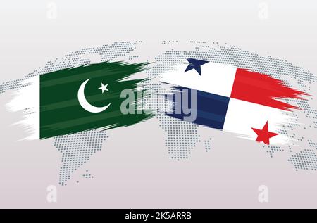 Bandiere Pakistan vs Panama. Bandiera della Repubblica islamica del Pakistan contro Panama, isolata su sfondo grigio della mappa del mondo. Illustrazione vettoriale. Illustrazione Vettoriale