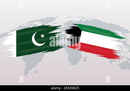 Bandiere Pakistan vs Kuwait. Bandiera della Repubblica Islamica del Pakistan contro bandiera del Kuwait, isolata su sfondo grigio della mappa del mondo. Illustrazione vettoriale. Illustrazione Vettoriale