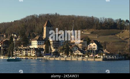 Una splendida vista di Spiez sulla riva del lago Thun nella regione dell'Oberland Bernese Foto Stock