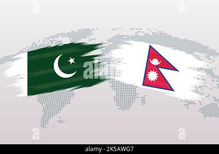 Bandiere Pakistan vs Nepal. Bandiere della Repubblica islamica del Pakistan contro Nepal, isolate su sfondo grigio della mappa del mondo. Illustrazione vettoriale. Illustrazione Vettoriale