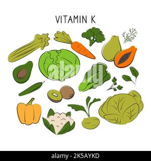 Vitamina K Phyllochinone. Gruppi di prodotti sani contenenti vitamine. Set di frutta, verdura, carne, pesce e latticini Illustrazione Vettoriale