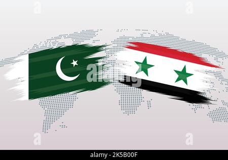 Bandiere Pakistan vs Siria. Repubblica islamica del Pakistan vs bandiere siriane, isolate su sfondo grigio della mappa del mondo. Illustrazione vettoriale. Illustrazione Vettoriale