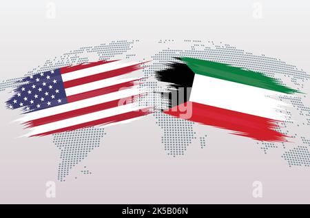 Bandiere USA vs Kuwait. Bandiere degli Stati Uniti d'America vs Kuwait, isolate su sfondo grigio della mappa del mondo. Illustrazione vettoriale. Illustrazione Vettoriale