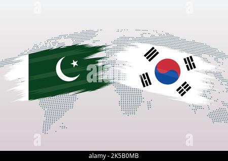 Bandiere Pakistan vs Corea del Sud. Bandiere della Repubblica islamica del Pakistan VS B, isolate su sfondo grigio della mappa del mondo. Illustrazione vettoriale. Illustrazione Vettoriale