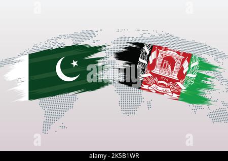 Bandiere Pakistan vs Afghanistan. Bandiera afghana della Repubblica islamica del Pakistan contro bandiera afghana, isolata su sfondo grigio della mappa del mondo. Illustrazione vettoriale. Illustrazione Vettoriale