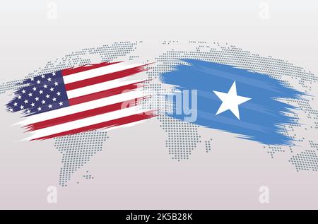 Bandiere USA vs Somalia. Bandiere degli Stati Uniti d'America contro Somalia, isolate su sfondo grigio della mappa mondiale. Illustrazione vettoriale. Illustrazione Vettoriale