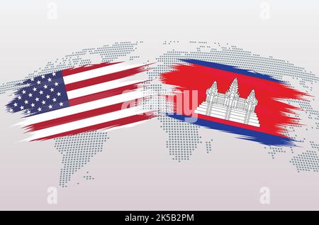 Bandiere USA vs. Comboda. Le bandiere degli Stati Uniti d'America VS Combodian, isolate su sfondo grigio della mappa del mondo. Illustrazione vettoriale. Illustrazione Vettoriale