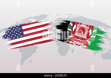 Bandiere USA vs Afghanistan. Le bandiere degli Stati Uniti d'America VS afghani, isolate su sfondo grigio della mappa del mondo. Illustrazione vettoriale. Illustrazione Vettoriale