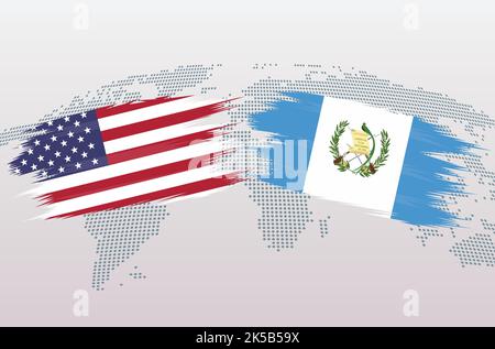 Bandiere USA vs Guatemala. Bandiere degli Stati Uniti d'America vs Guatemala, isolate su sfondo grigio della mappa del mondo. Illustrazione vettoriale. Illustrazione Vettoriale