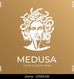 Logo Medusa gorgon. Testa di una donna con serpenti. Amuleto protettivo. Logo per le diverse direzioni. Illustrazione Vettoriale