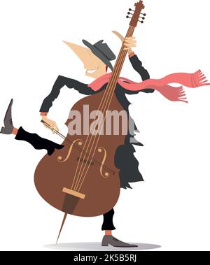 Vento forte. Violoncello. Un violoncellista sorridente che suona musica con ispirazione. Isolato su sfondo bianco Illustrazione Vettoriale