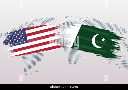 Bandiere USA vs Pakistan. Le bandiere degli Stati Uniti d'America VS pakistani, isolate su sfondo grigio della mappa mondiale. Illustrazione vettoriale. Illustrazione Vettoriale