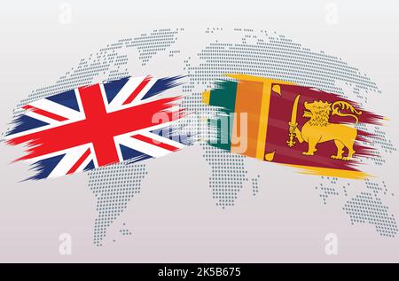 Bandiere britanniche e dello Sri Lanka. Bandiere del Regno Unito e dello Sri Lanka, isolate su sfondo grigio della mappa del mondo. Illustrazione vettoriale. Illustrazione Vettoriale