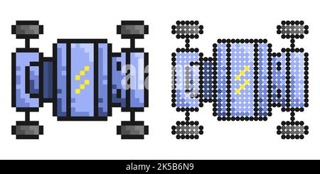 Icona pixel. Piattaforma del veicolo elettrico. Telaio del veicolo elettrico con batterie. Semplice vettore di gioco retrò isolato su sfondo bianco Illustrazione Vettoriale