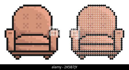 Icona pixel. Comoda poltrona per guardare la TV e rilassarsi a casa dopo il lavoro. Mobili. Semplice vettore di gioco retrò isolato su sfondo bianco Illustrazione Vettoriale