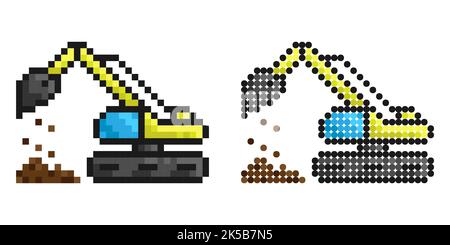 Icona pixel. Escavatore pesante per lavori edili e di terra. Macchinari e attrezzature industriali. Semplice vettore di gioco retrò isolato su bianco ba Illustrazione Vettoriale