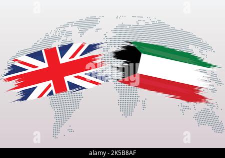 Bandiere britanniche e del Kuwait. Bandiere del Regno Unito e del Kuwait, isolate su sfondo grigio della mappa del mondo. Illustrazione vettoriale. Illustrazione Vettoriale