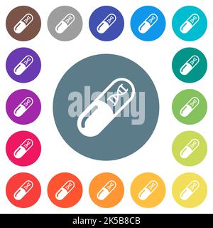 Medicina con le icone bianche piatte della molecola del dna su sfondi rotondi di colore. sono incluse 17 variazioni del colore di sfondo. Illustrazione Vettoriale