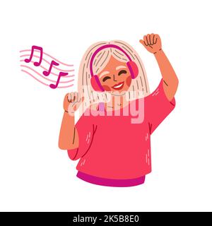 Ragazza con auricolari e cuffie, ascoltando musica e ballando. Illustrazione vettoriale del cartone animato piatto. Illustrazione Vettoriale