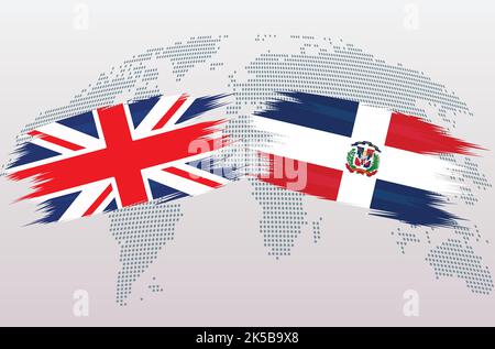 Bandiere britanniche e della Repubblica Dominicana. Bandiere del Regno Unito e dominicane, isolate su sfondo grigio della mappa del mondo. Illustrazione vettoriale. Illustrazione Vettoriale