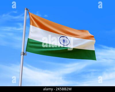 Bella bandiera indiana che ondola nel vento con sfondo cielo - 3D illustrazione - 3D rendering Foto Stock