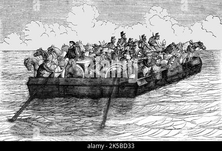 'Chiatta per il trasporto dell'artiglieria francese alla Crimea; la spedizione alla Crimea', 1854. Da "Cassell's Illustrated Family Paper; London Weekly 31 Dec 1853 to 30 Dec 1854". Foto Stock