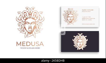 Logo Medusa gorgon. Testa di una donna con serpenti. Amuleto protettivo. Logo per le diverse direzioni. Illustrazione Vettoriale