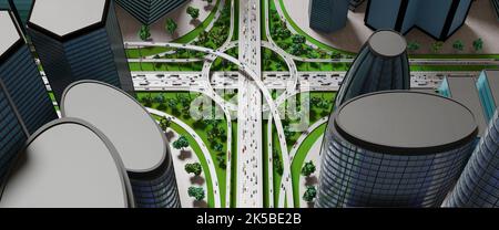 Incrocio autostradale/interscambio stradale in città con traffico intenso - illustrazione 3D Foto Stock