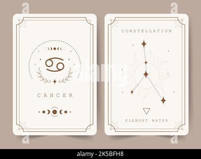 Cancro. Carte stregoneria con segno zodiacale astrologico e costellazione. Perfetto per lettori di tarocchi e astrologi. Sfondo magico occulto. Oroscopo Illustrazione Vettoriale