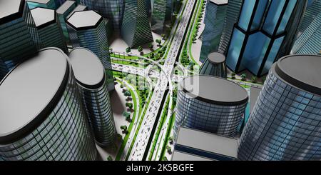 Incrocio autostradale/interscambio stradale in città con traffico intenso - illustrazione 3D Foto Stock