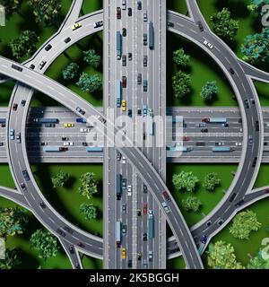 Incrocio autostradale/interscambio stradale - vista dall'alto - illustrazione 3D Foto Stock