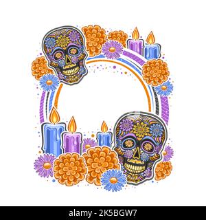 Cornice vettoriale per il giorno dei morti con spazio di copia vuoto per il testo, badge circolare con illustrazione di arte decorativa cranio spoky, candele brucianti, festi Illustrazione Vettoriale