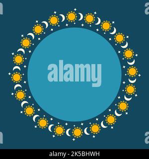 Elegante cornice rotonda con sole, luna e stelle. Design festivo che raffigura il cambio di giorno e di notte. Vettore di fotogrammi Illustrazione Vettoriale