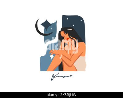Disegno a mano stock vettoriale astratto grafico piatto con segno astrologico zodiaco Virgo con bellezza magica raccolta femminile, cartoon artistico Illustrazione Vettoriale