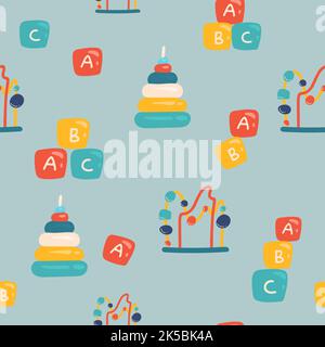 Giocattoli per bambini motivo colorato senza cuciture. Cartone animato, giochi disegnati a mano piramide. Giochi educativi per bambini concetto. Sfondo per stampa, tessuto e sfondo Illustrazione Vettoriale