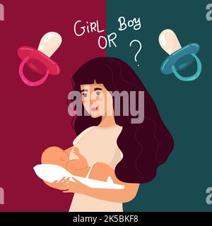 Set di invito acquazzone bambino con cartone animato baby girl, bambino e su sfondo blu e rosa. È un ragazzo. È una ragazza. Illustrazione vettoriale. Illustrazione Vettoriale