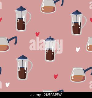 Macchine da caffè Vector disegnate a mano patten. Teiera con caffè. caffè francese diversi tipi di tazze da caffè, macchine per il caffè, bicchieri. Illustrazione Vettoriale