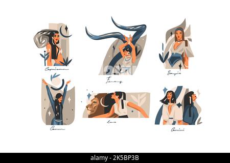 Illustrazioni grafiche astratte disegnate a mano con set di collezioni di segni astrologici contemporanei zodiacali, caratteri magici femminili di bellezza Illustrazione Vettoriale