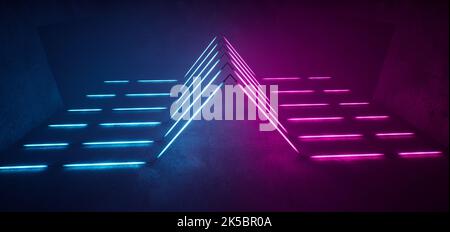 Futuristic Dance Club Triangle Neon Stage Beam laser incandescente vibrante Blu Viola Studio Garage sotterraneo Corridor Tunnel Lines Sci Fi Virtual reali Foto Stock