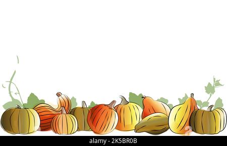 Set di zucche. Composizione autunnale acquerello con zucche. Modello per il festival Harvest o il giorno del Ringraziamento. Illustrazione Vettoriale