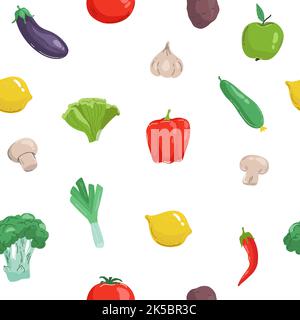 Sfondo senza cuciture con immagini di frutta e verdura Illustrazione Vettoriale