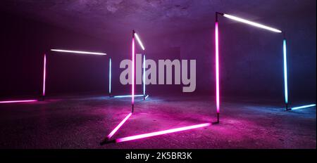 Tunnel chiaro, corridoio lungo scuro con lampade al neon. Astratto neon blu e rosso, sfondo con fumo e luce al neon. Pavimento in cemento, simmetrico r Foto Stock