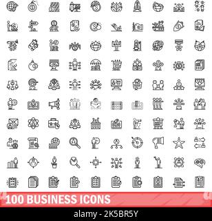 100 icone business impostate. Illustrazione di un vettore di 100 icone business isolato su sfondo bianco Illustrazione Vettoriale