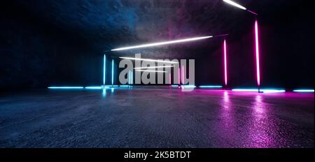 Astratto architettura in cemento e metallo arrugginito interno di una casa minimalista con illuminazione al neon colorato. 3D illustrazione e rendering. Foto Stock