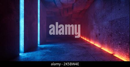 Elegante Sci Fi minimalista futuristico Dark Grange concrete Room con linee di tubo al neon blu arancione e Reflection Empty Space for Text 3D Rend Foto Stock