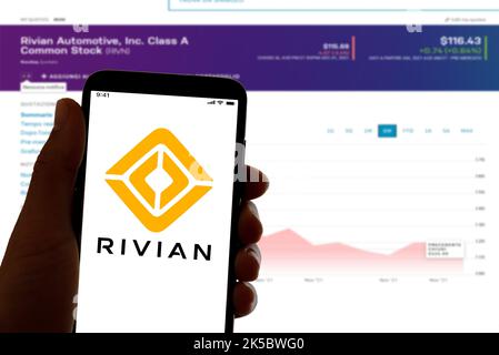 Spagna. 04th Nov 2021. In questa foto illustrazione il logo del costruttore di auto elettrica Rivian è visto sul display del telefono cellulare schermo. (Foto di Davide Bonaldo/SOPA Images/Sipa USA) Credit: Sipa USA/Alamy Live News Foto Stock