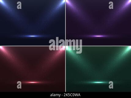 Set di colori vuoti blu, viola, rosso, verde sfondo scena con riflettori ed effetto particelle di polvere. Illustrazione grafica vettoriale Illustrazione Vettoriale