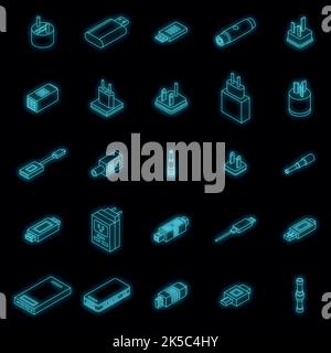Icone dell'adattatore impostate. Set isometrico di icone vettoriali dell'adattatore al neon nero Illustrazione Vettoriale